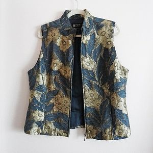 NEW Toni Morgan Tan/Teal Floral Zip Vest L